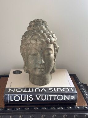 Decorative Buddha Head Sculpture in aged stone grey with champagne gold accents